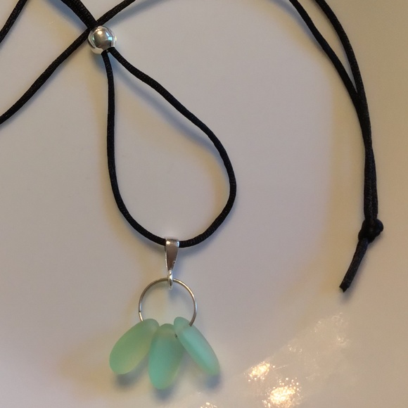 ARTISAN Sea Green Beach Glass Sterling Bail Necklace on Black Satin Cord - Picture 2 of 5